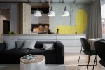 The first home comes from the team at Zooi Design and uses many standard loft elements for its interior, starting with concrete walls. To jazz up the large blank space in the kitchen, the designer has included a stylized painting of a fluffy cat. The abstract nature is definitively artsy while its actual subject matter gives a nod to childlike wonder. Other elements in the main living room, from vaulted ceilings and minimalist furniture certainly give the home a grown up vibe.
