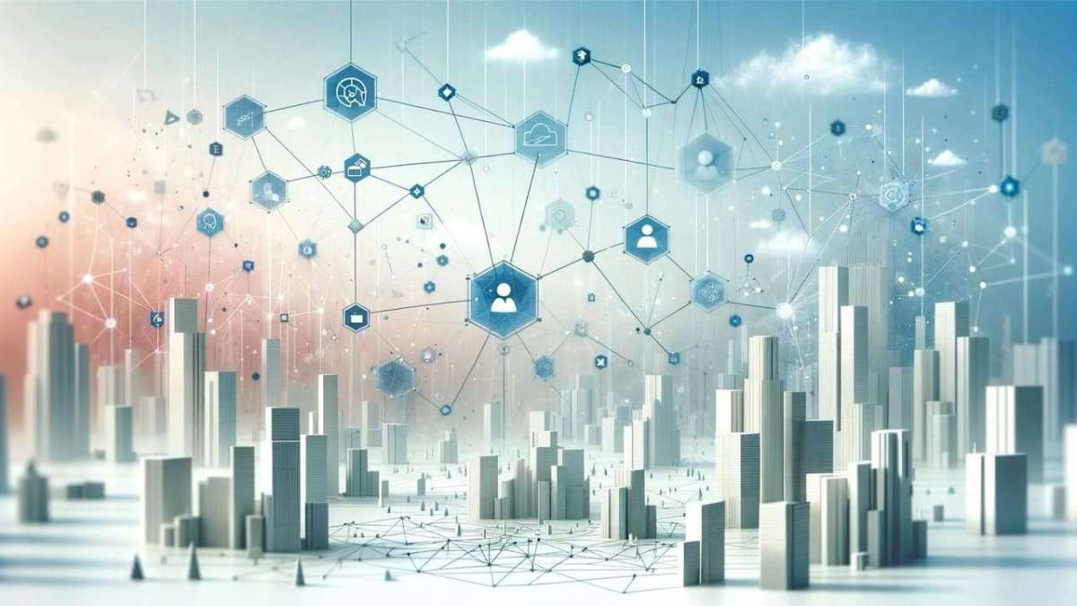 Digital illustration of a global b2b marketplace with interconnected businesses, data streams, and transaction flows