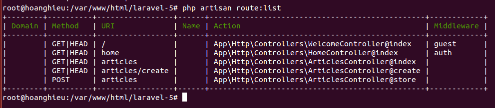 php artisan route list