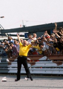 Lotus Team Principle Colin Chapman celebrates a win in 1978