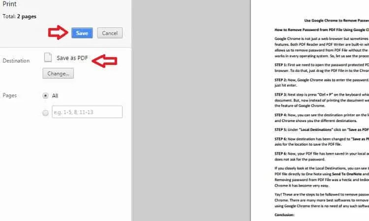 remove password pdf click save