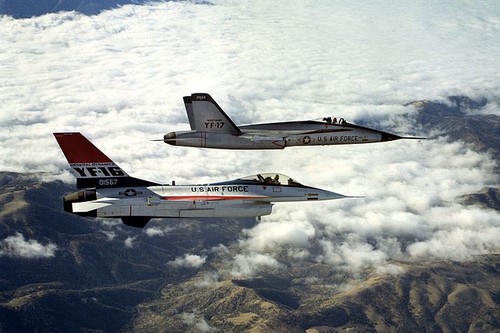 YF-16 and YF-17 in flight