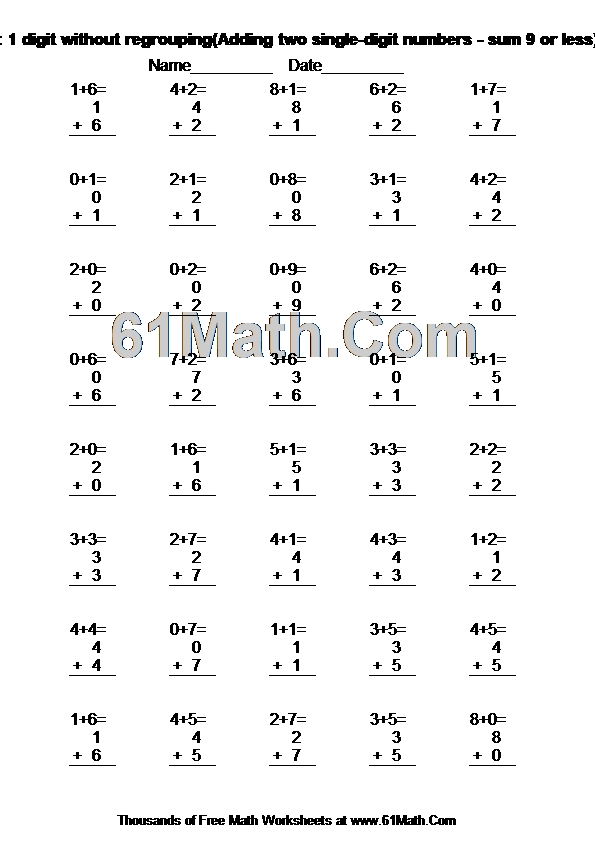 addition 1 digit without regrouping adding two single digit numbers sum 9 or less create your own math worksheets