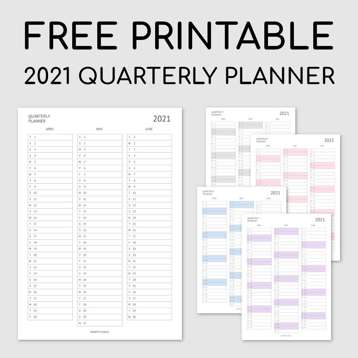 bobbiprintables free printable 2021 quarterly planner calendar