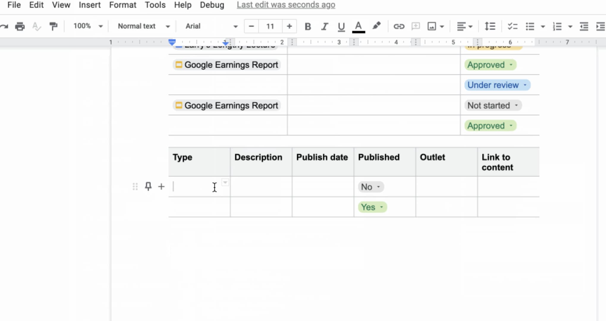 Google Docs dropdown