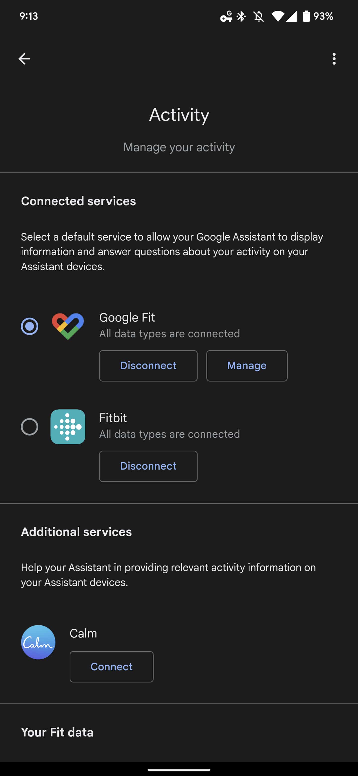 Assistant Google Fit settings