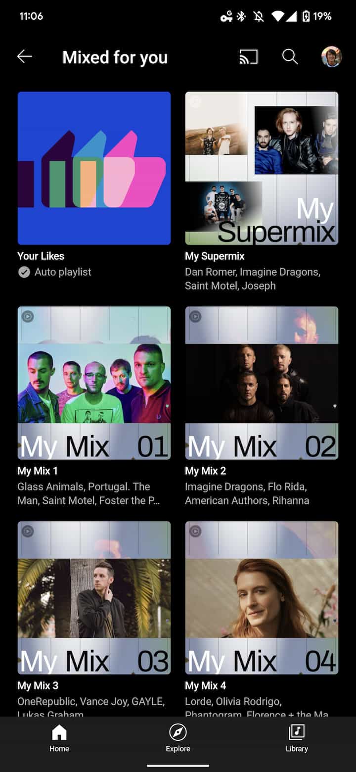 YouTube Music Mixed grid