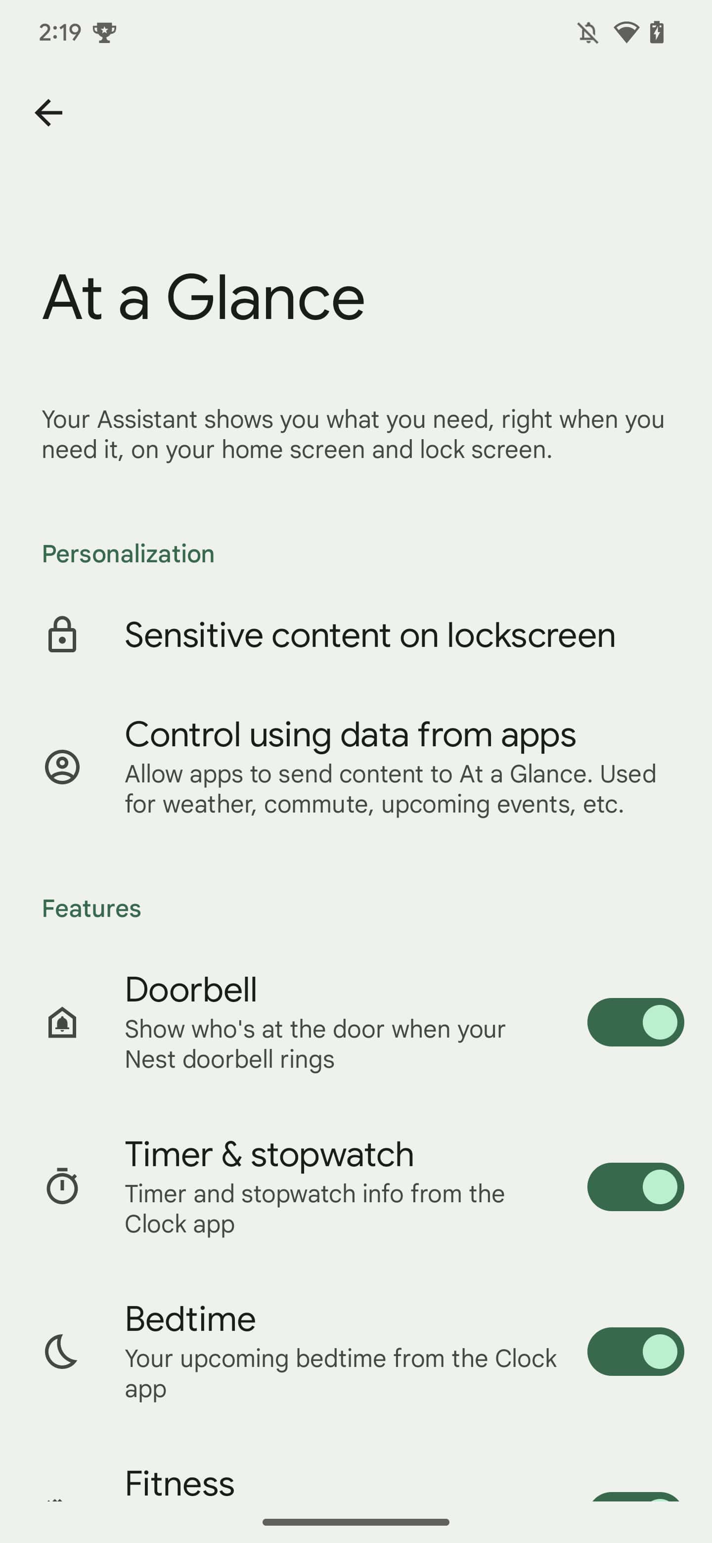 At a Glance data setting