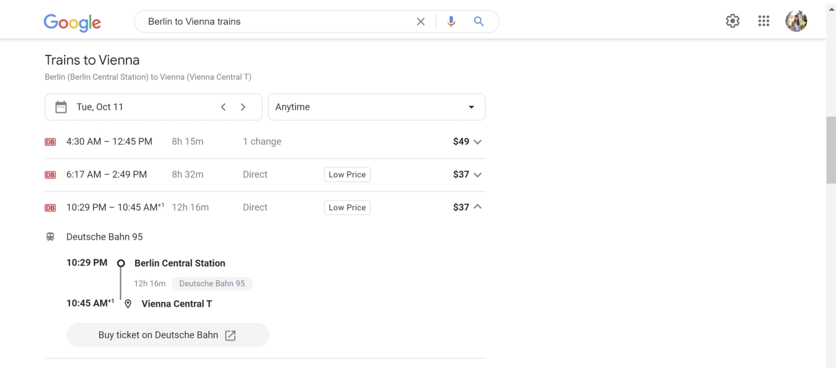 Google Search train ticket
