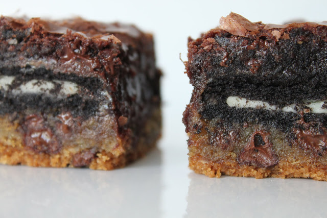 Mix together brownie mix according to directions, adding an optional 1/4 cup of hot fudge topping to the mix. Chocolate Chip Cookie N Oreo Brownie Bars A Bountiful Kitchen