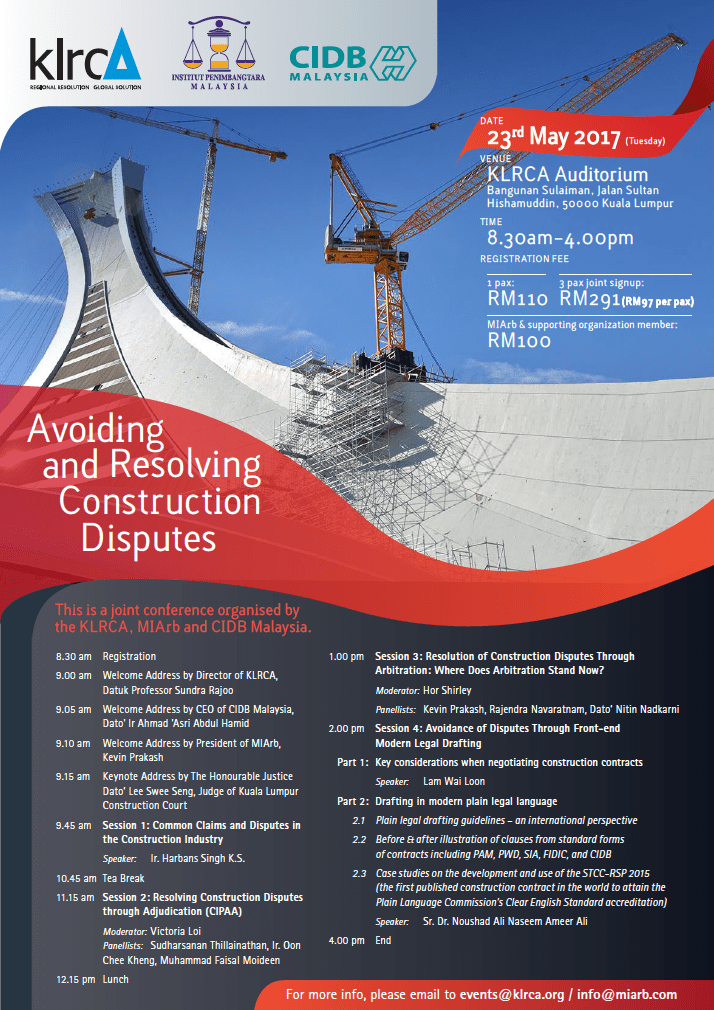 This program is an integrated safety and health induction training for construction workers to increase safety … Aiac Avoiding And Resolving Construction Disputes Klrca Miarb Cidb