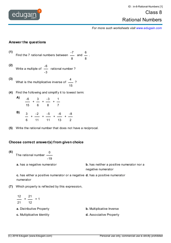 grade 8 rational numbers math practice questions tests worksheets quizzes assignments edugain uae