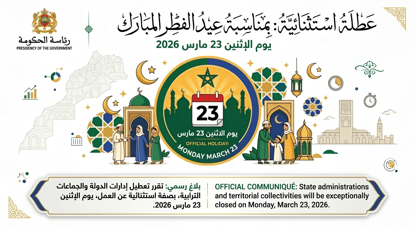 رئاسة الحكومة تعلن عن عطلة استثنائية يوم الإثنين 23 مارس بمناسبة عيد الفطر رئاسة الحكومة تعلن عن عطلة استثنائية يوم الإثنين 23 مارس بمناسبة عيد الفطر