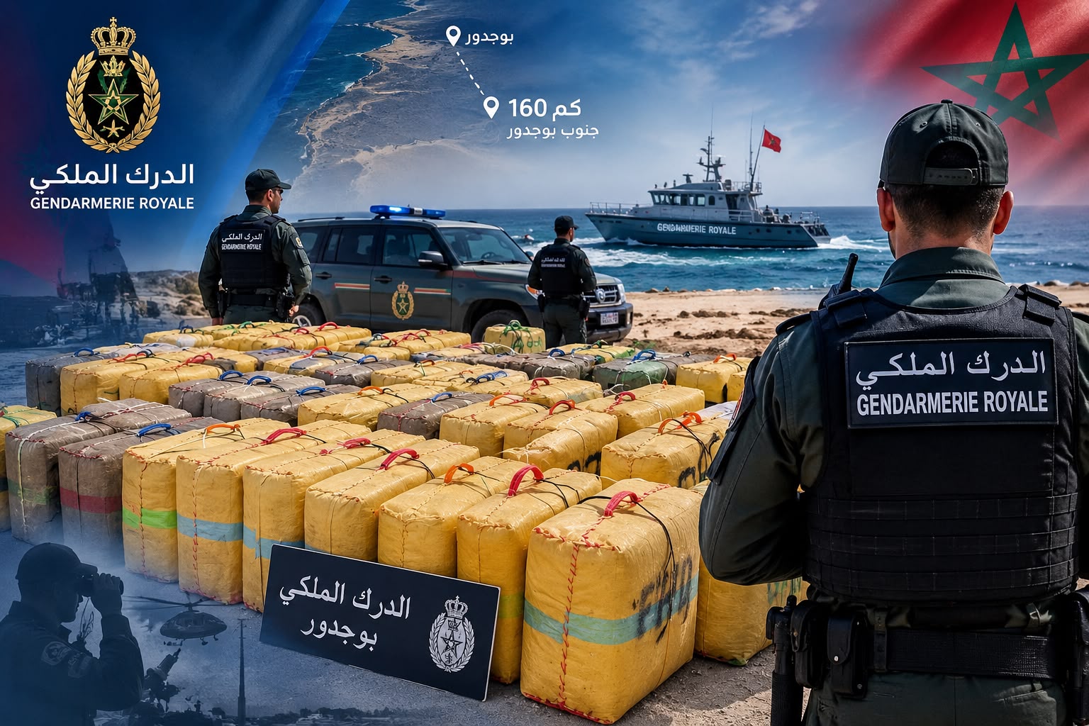 الدرك الملكي ببوجدور يحبط عملية للتهريب الدولي للمخدرات ويحجز قرابة طن من الشيرا