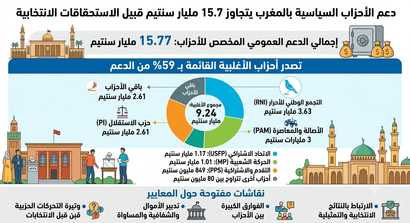 دعم الأحزاب السياسية بالمغرب يتجاوز 15.7 مليار سنتيم قبيل الاستحقاقات الانتخابية دعم الأحزاب السياسية بالمغرب يتجاوز 15.7 مليار سنتيم قبيل الاستحقاقات الانتخابية