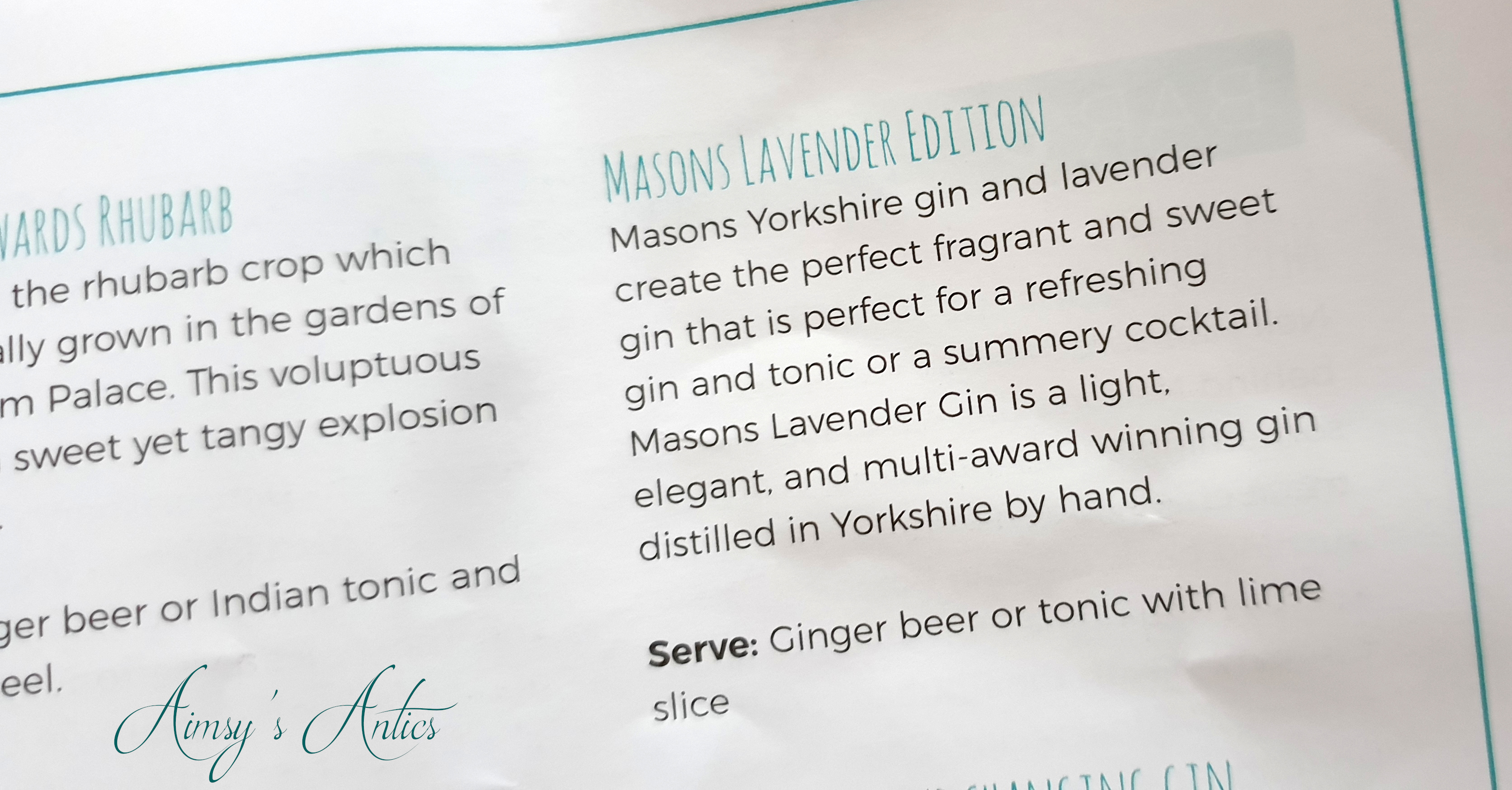 Page of the prosecco and gin festival brochure / booklet, detailing Masons Lavender Edition gin.