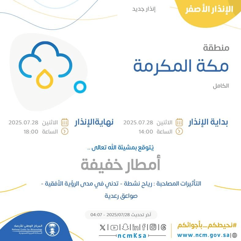 حالة الطقس اليوم في مكة المكرمة الإنذار الأصفر في الكامل حالة الطقس اليوم في مكة المكرمة الإنذار الأصفر في الكامل