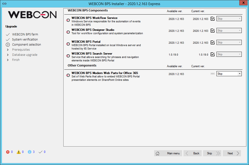 Component installation window in WEBCON BPS 2020