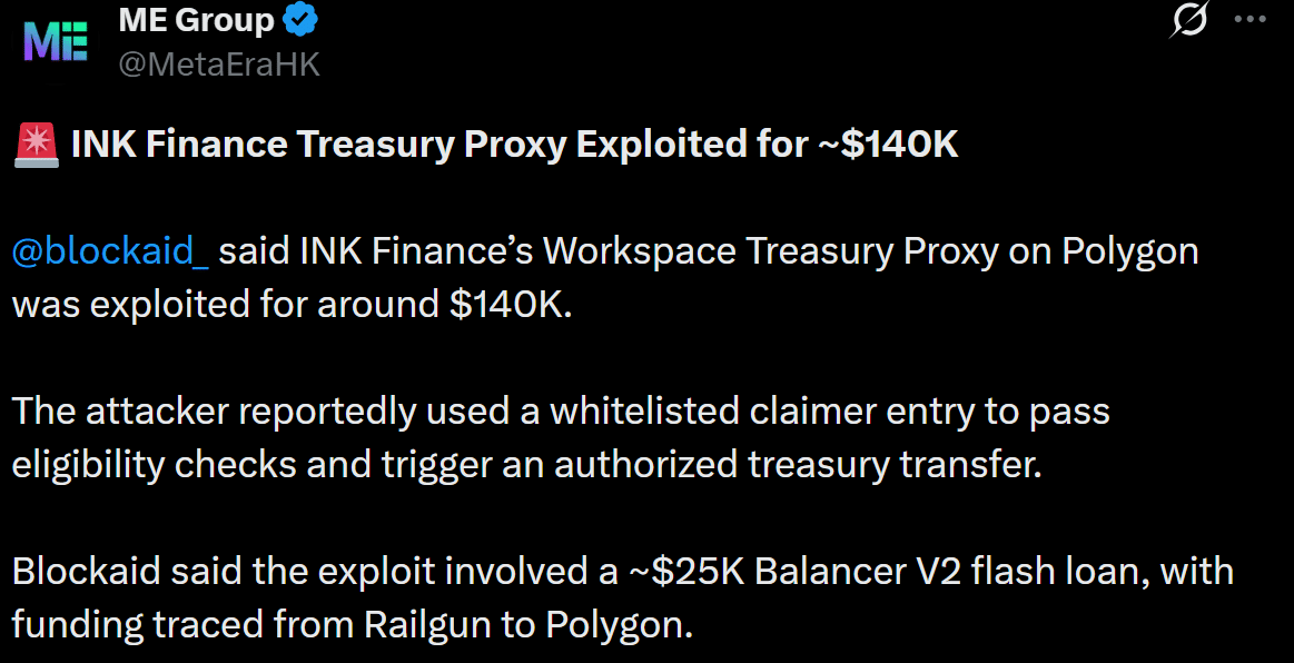INK Finance perd 140 000 $ alors qu'un exploit de contournement de la liste blanche cible l'infrastructure de trésorerie – Détails INK Finance perd 140 000 $ alors qu'un exploit de contournement de la liste blanche cible l'infrastructure de trésorerie – Détails