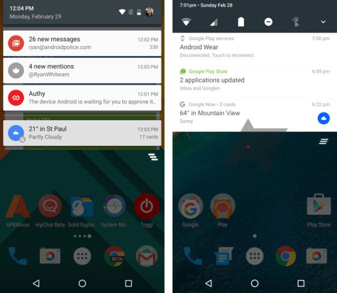 Links ist die derzeitige Version zu sehen, rechts Android N (Foto: AndroidPolice)