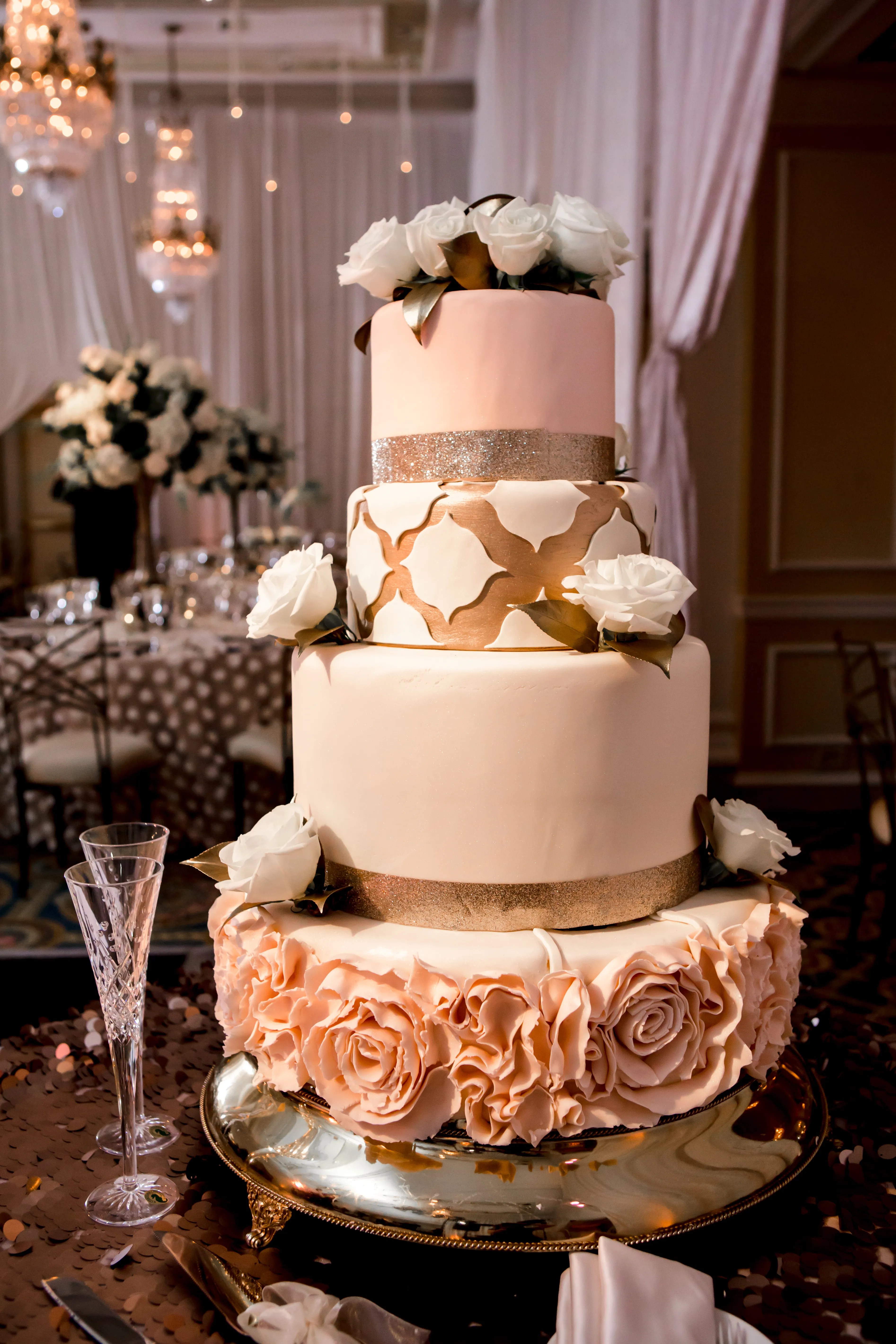 See our huge inventory of complete . Intricate Four Tier Wedding Cake in Blush, Gold and Ivory