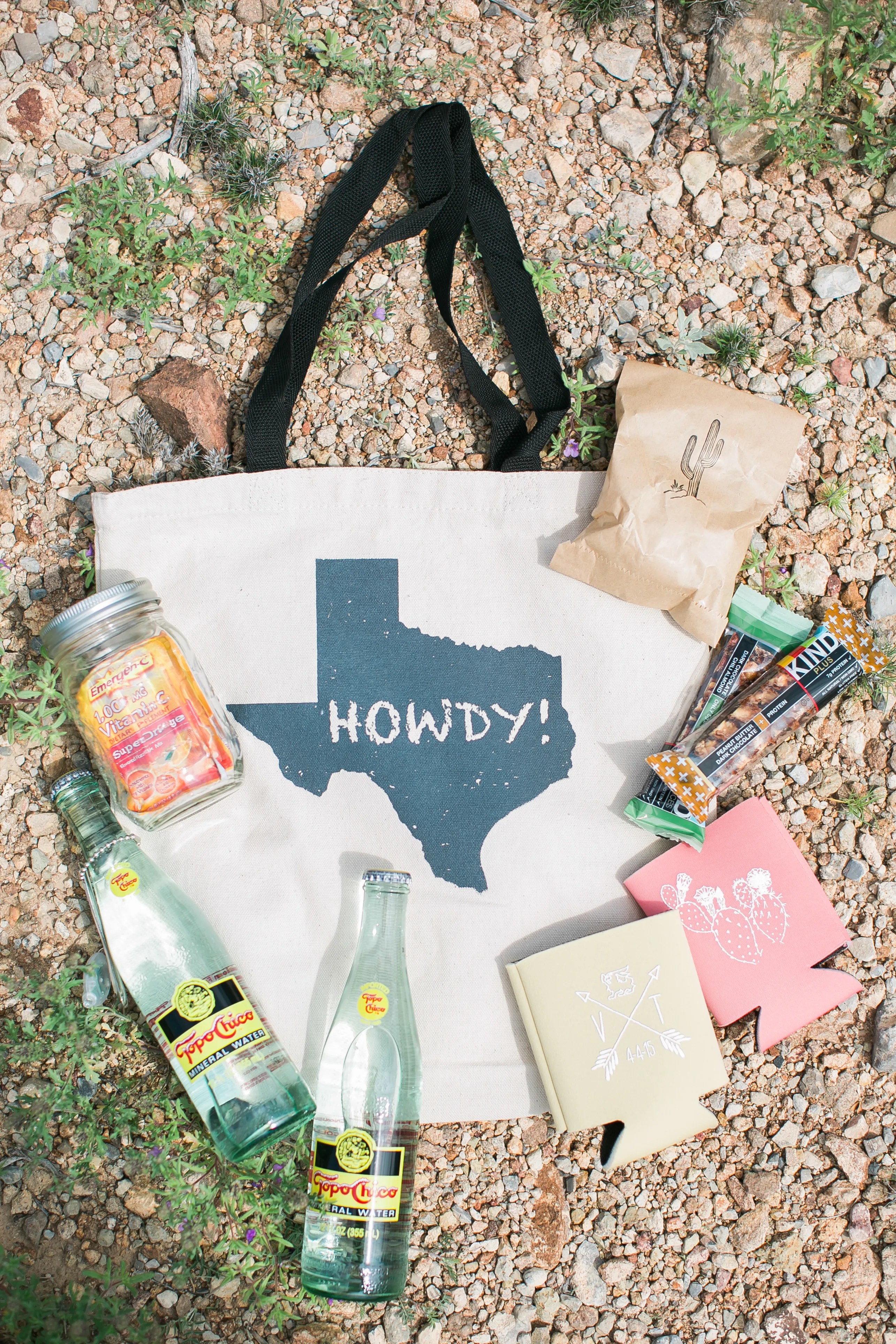 Welcome basket for guest room. Texas-Themed Destination Wedding Welcome Bag
