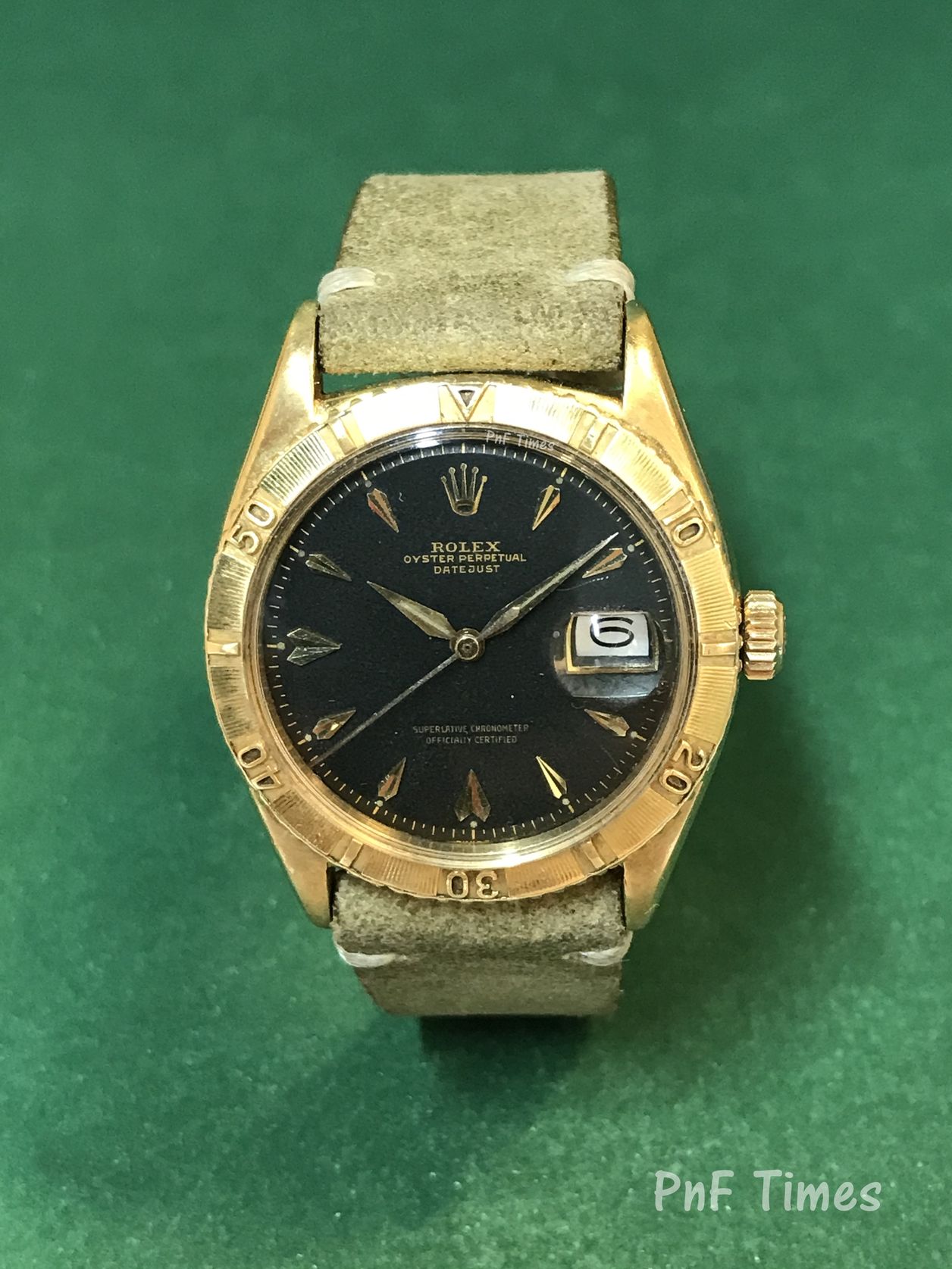 Rolex 6609 Oyster Perpetual Datejust 18k Yg Black Gilt Dial With Leather Strap Sold Pnf Times