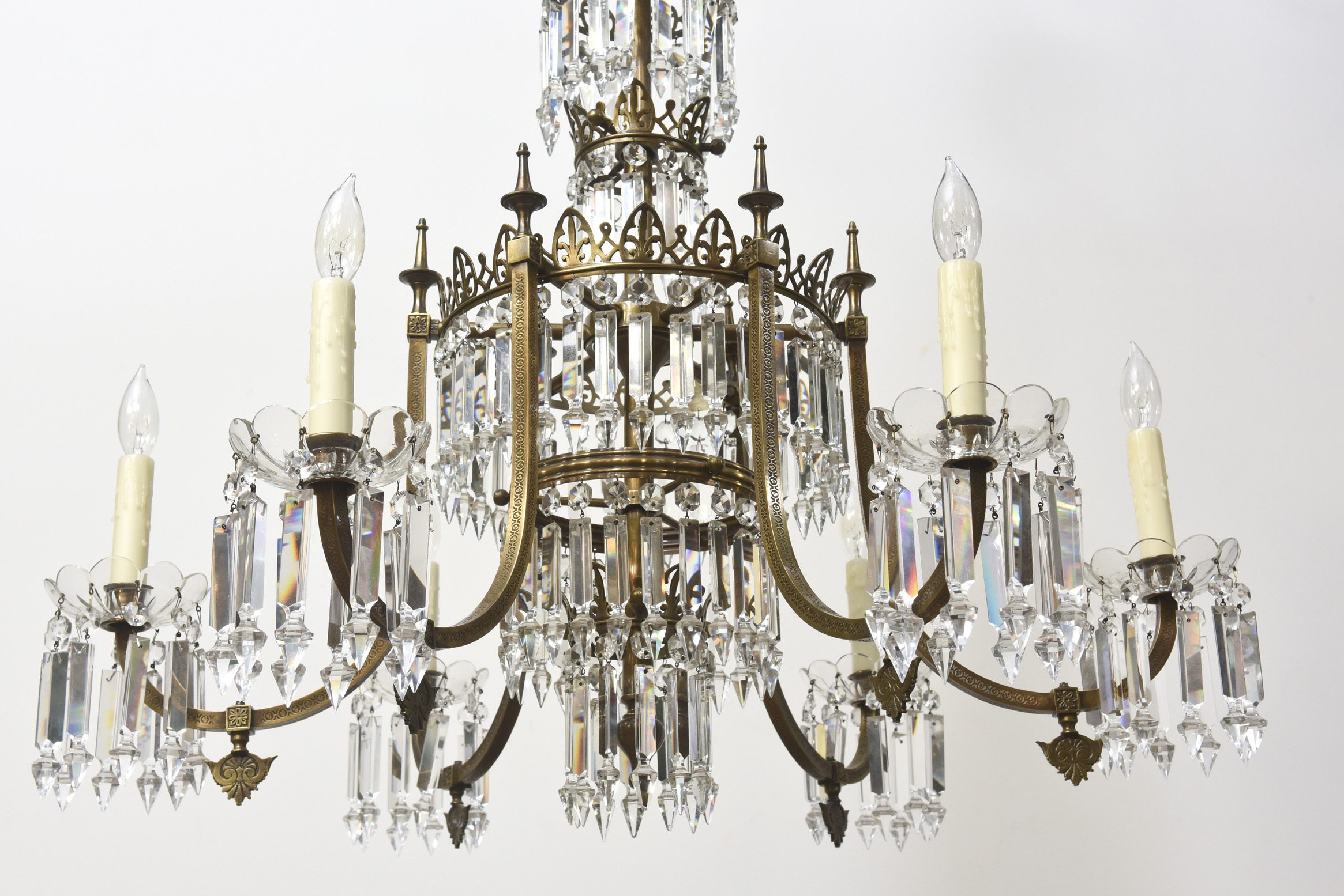 Pair of Regency Style Brass and Crystal Chandeliers Appleton Antique