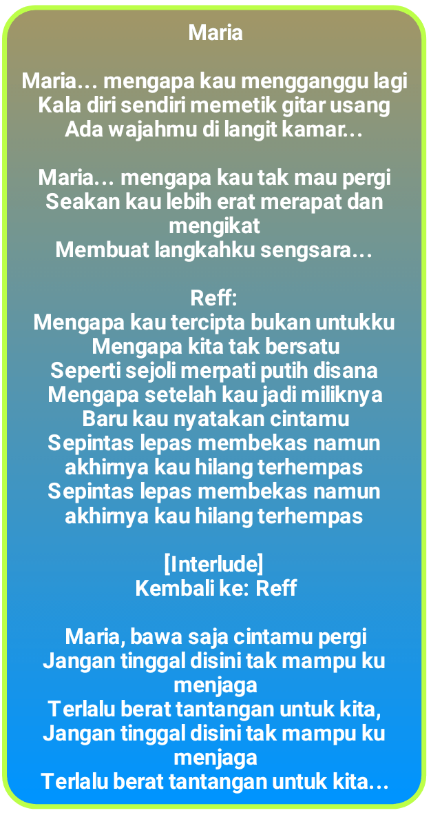 Berikut cuplikan syair nyanyian / teks lagunya "kau anggap aku apa kau mau padaku saat aku masih ada manisnya kau anggap aku apa pulang pergi seenaknya kayak bis antar kota cintamu cinta apa habis manis sepah kau … Lililiriririkobbiemessakhon Apku Free Download Borrow And Streaming Internet Archive