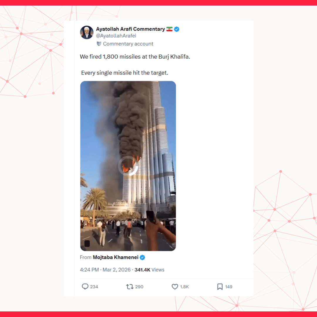 الفيديو مُولَّد بالذكاء الاصطناعي، ولا يوثّق قصفاً حقيقياً استهدف برج خليفة في دبي