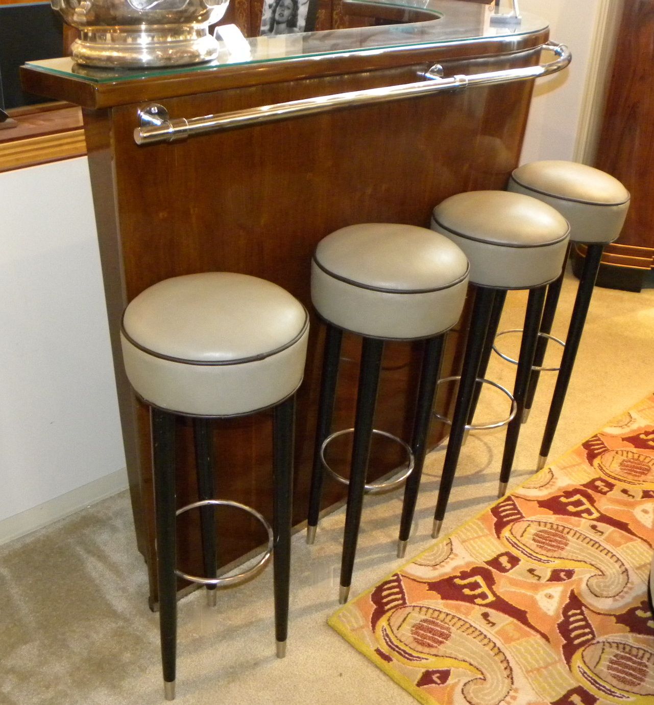 Deep black wooden dressing table with a matching cushioned stool. Original Art Deco Bar Stools | Sold Items Seating Items