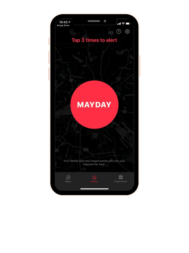 Mobile phone screen with a large red 'MAYDAY' button over a dark map background, indicating an emergency alert system that notifies family and organizations.
