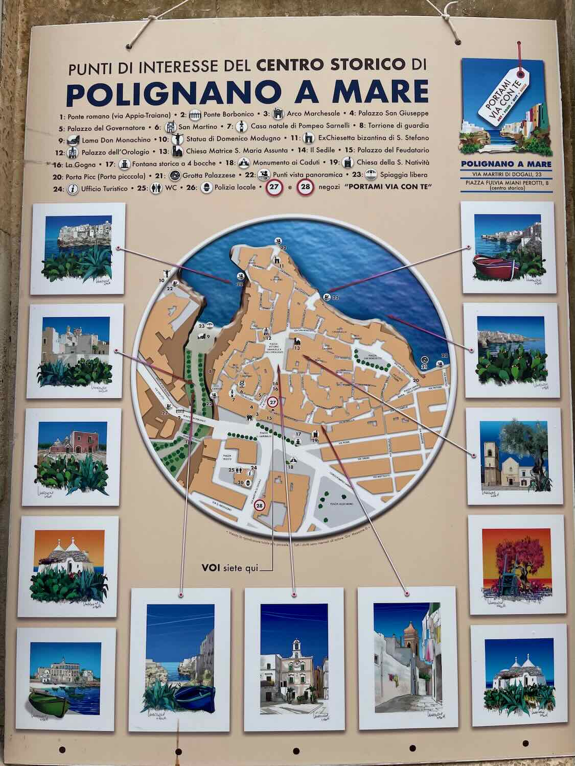 A detailed tourist map of the historic center of Polignano a Mare, highlighting points of interest such as bridges, palaces, churches, and scenic viewpoints. The map includes illustrations of key landmarks and a "You are here" indicator.
