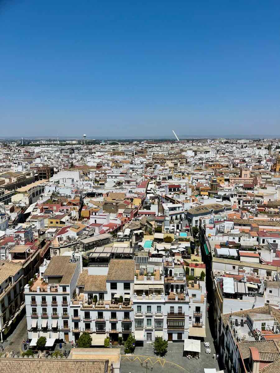 A panoramic view of Seville, Spain, taken from a high vantage point. The image shows a vast expanse of buildings with traditional Spanish architecture, with a clear blue sky above.