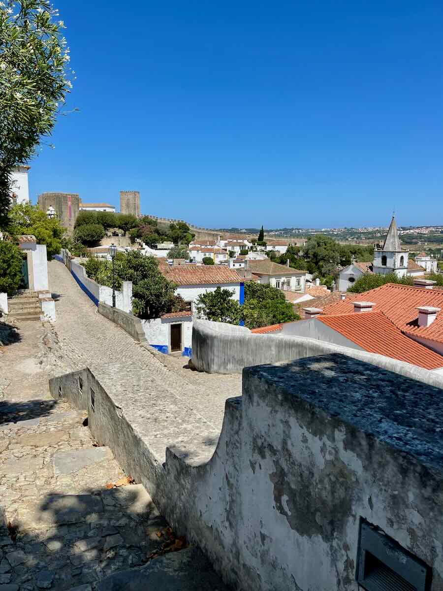 A panoramic view of &Oacute;bidos, Portugal, with its red-tiled rooftops, historic church, and the surrounding lush countryside under a clear blue sky.