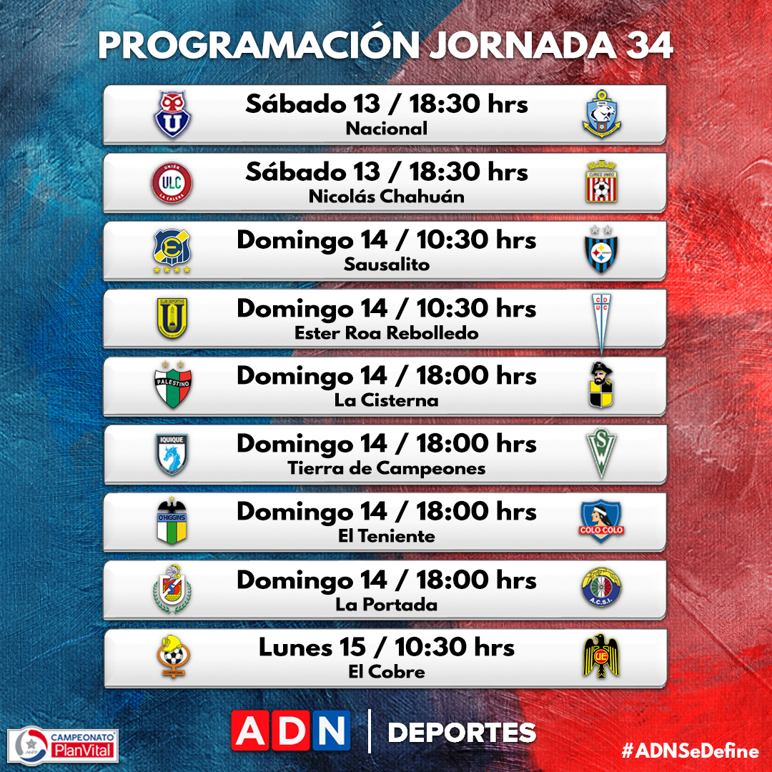 Horarios y tv del fútbol chileno, liga española y fútbol internacional. Programacion Anfp Entrego Los Dias Y Horarios Para Disputar La Jornada 34 Del Torneo Nacional