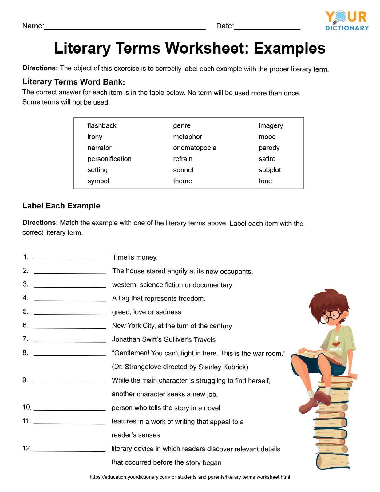 literary terms worksheets for review practice
