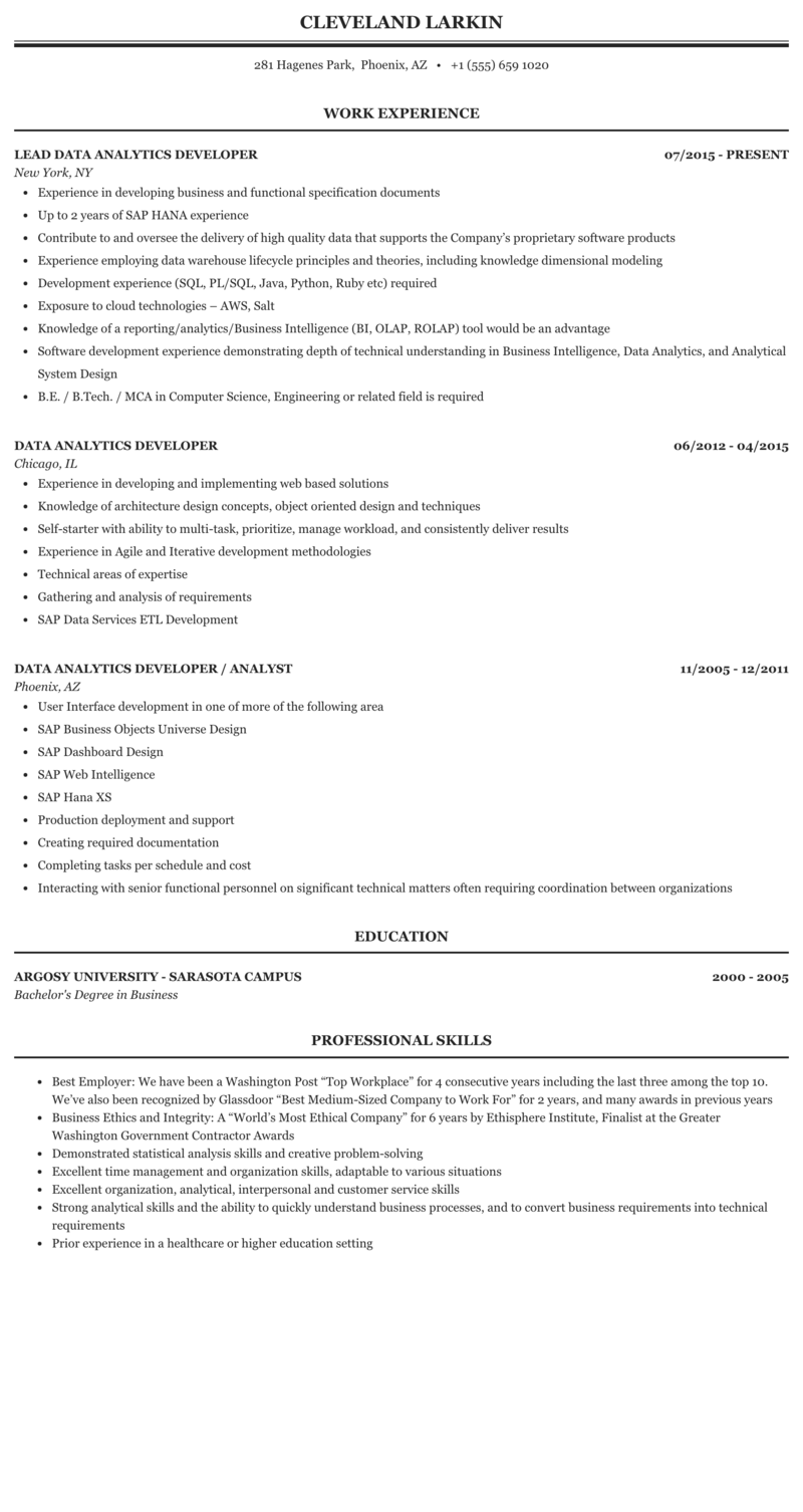 Business analytics (ba) is the study of an organization’s data through iterative, statistical and operational methods. Data Analytics Developer Resume Sample Mintresume