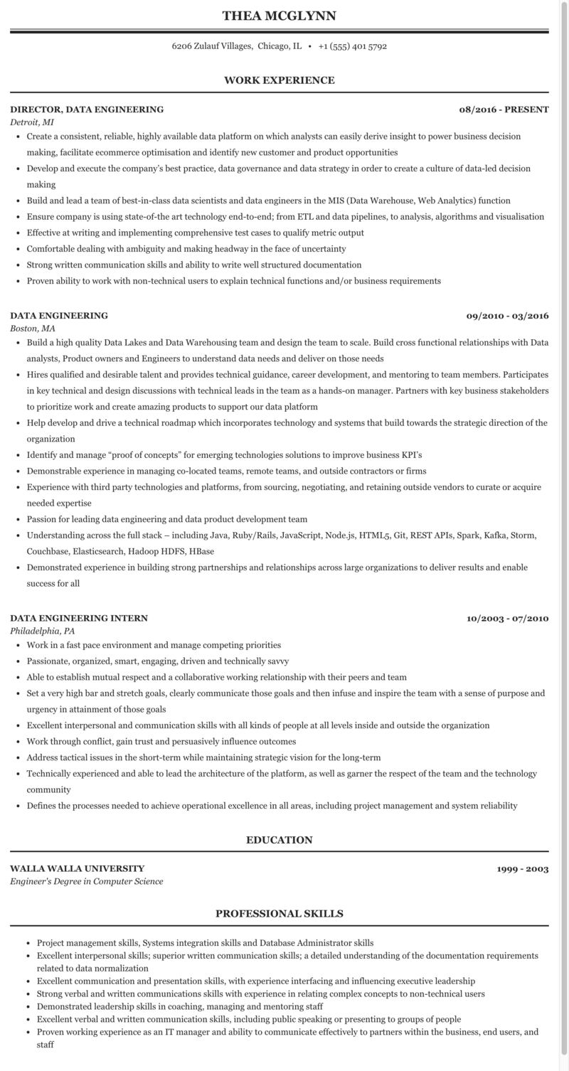 Display a genuine enthusiasm for technology and programming · tip #3: . Data Engineering Resume Sample Mintresume