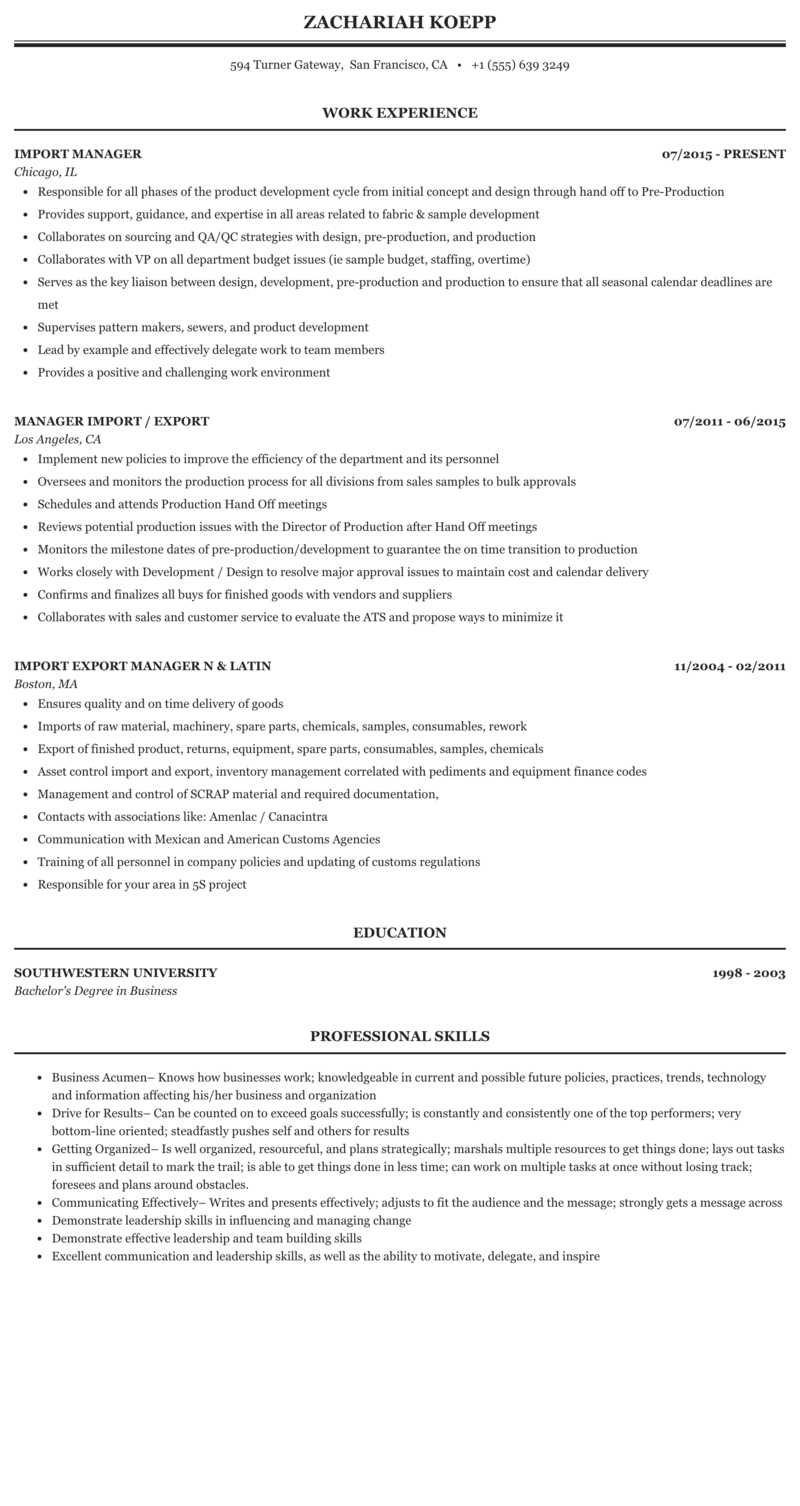 Seasoned logistics specialist with more than. Import Manager Resume Sample Mintresume