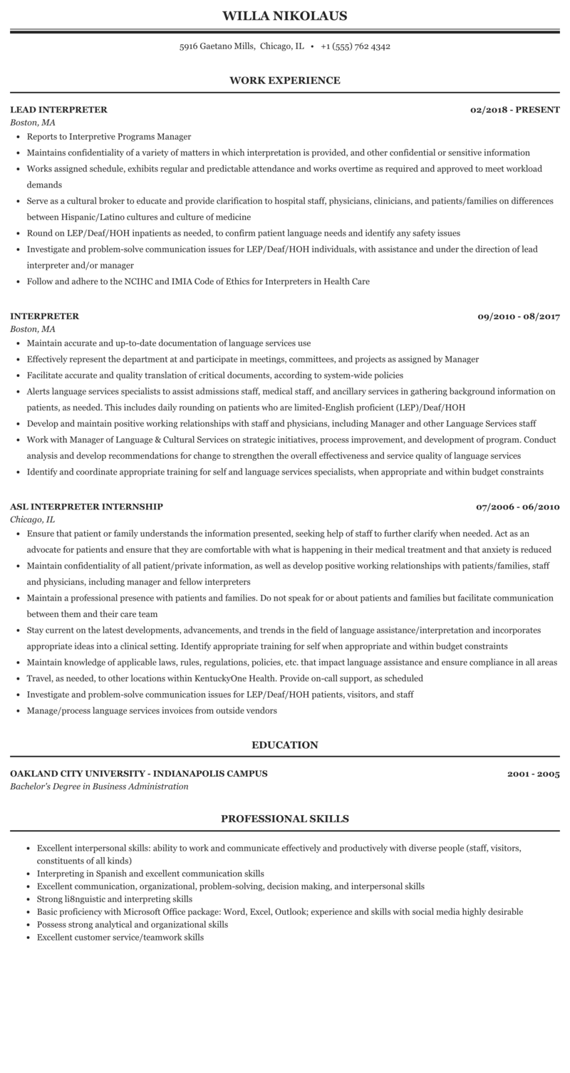 Download sample resume templates in pdf,&nbsp;. Interpreter Resume Sample Mintresume