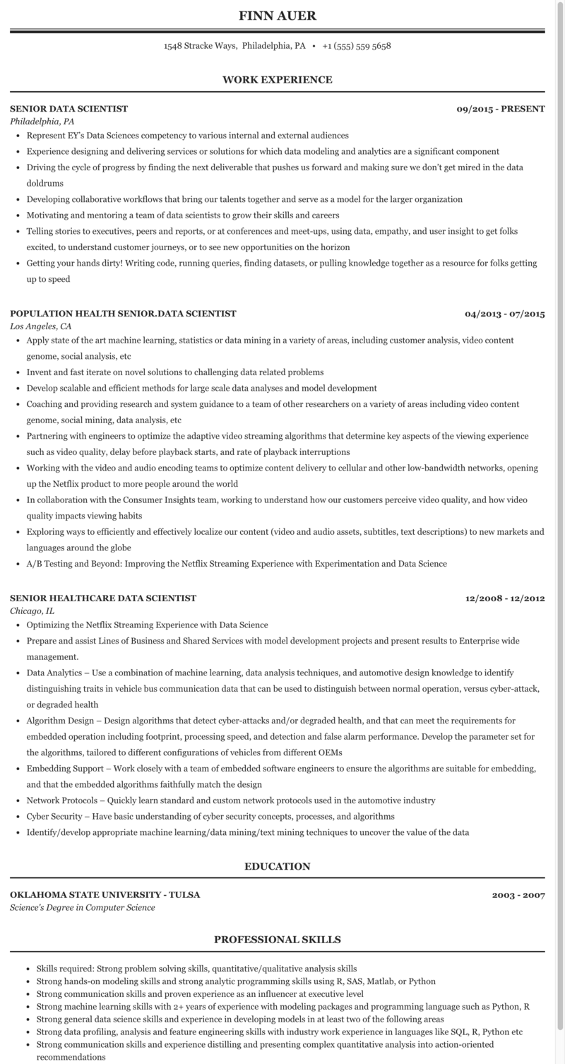 I was wondering if anyone who has a experience in reviewing data science resumes, has a ds background, . Senior Data Scientist Data Scientist Resume Sample Mintresume