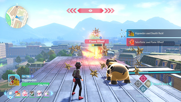 A Pokemon trainer begins a combat encounter on the roof of a building in Lumiose City.