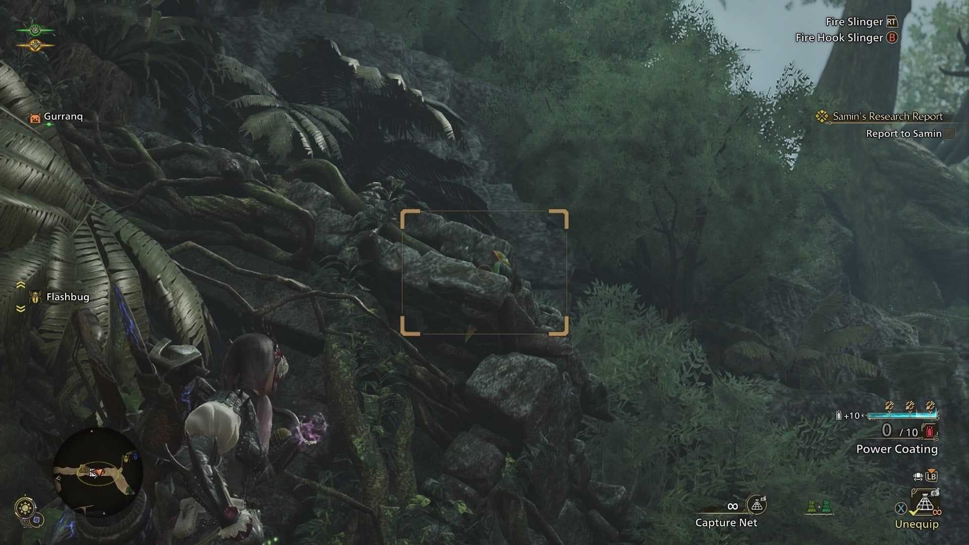 The player looks at a Dapperwing in Scarlet Forest in Monster Hunter Wilds