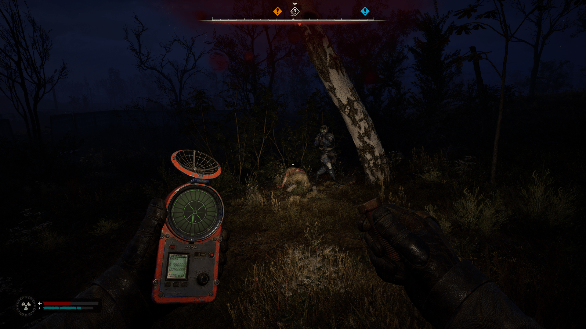 A A Snork attacks a mercenary, who is attacking the player, in S.T.A.L.K.E.R. 2: Heart of Chornobyl.