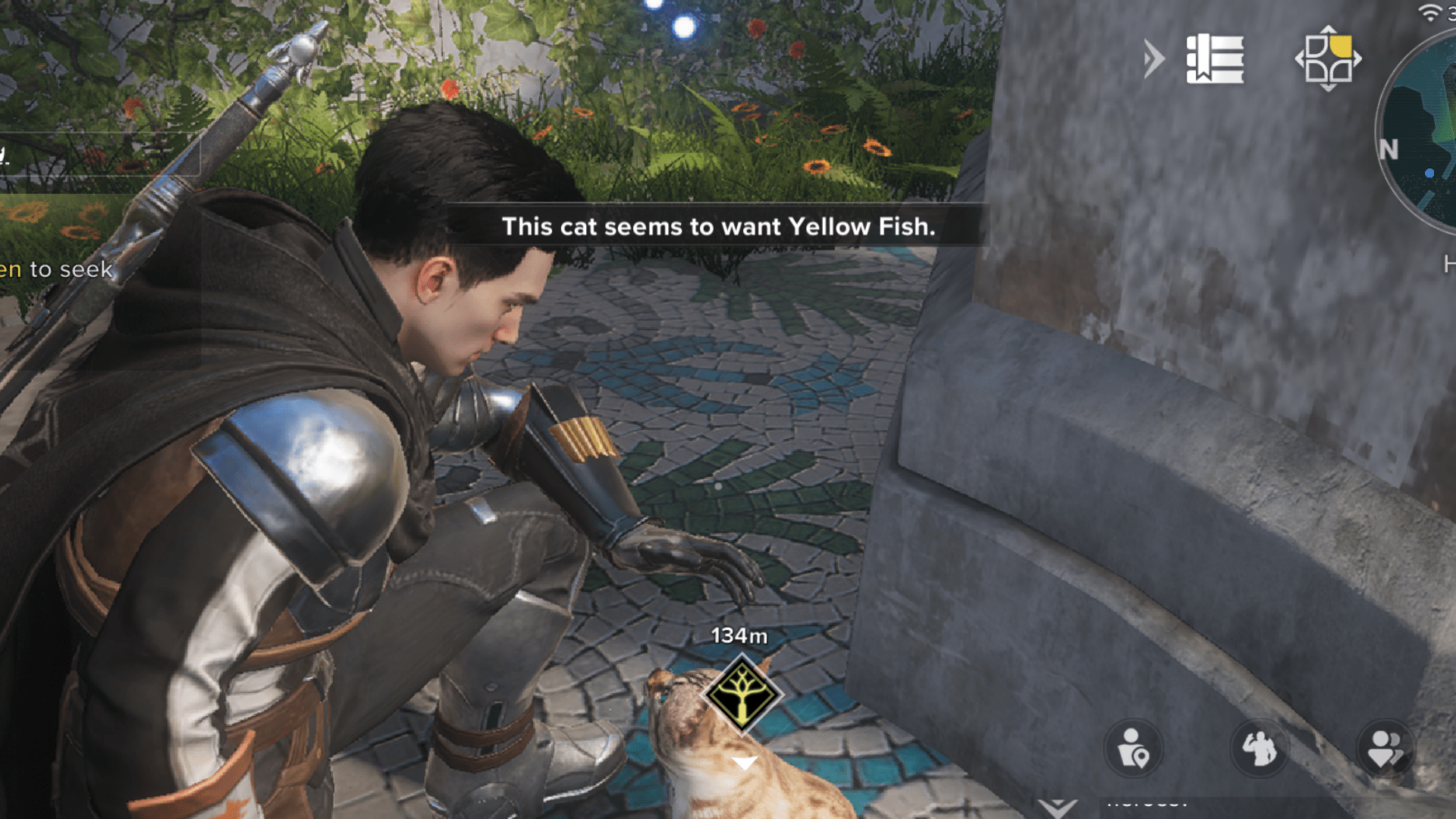 The Guardian, Wolf, reaching down to pet a cat in Destiny: Rising.