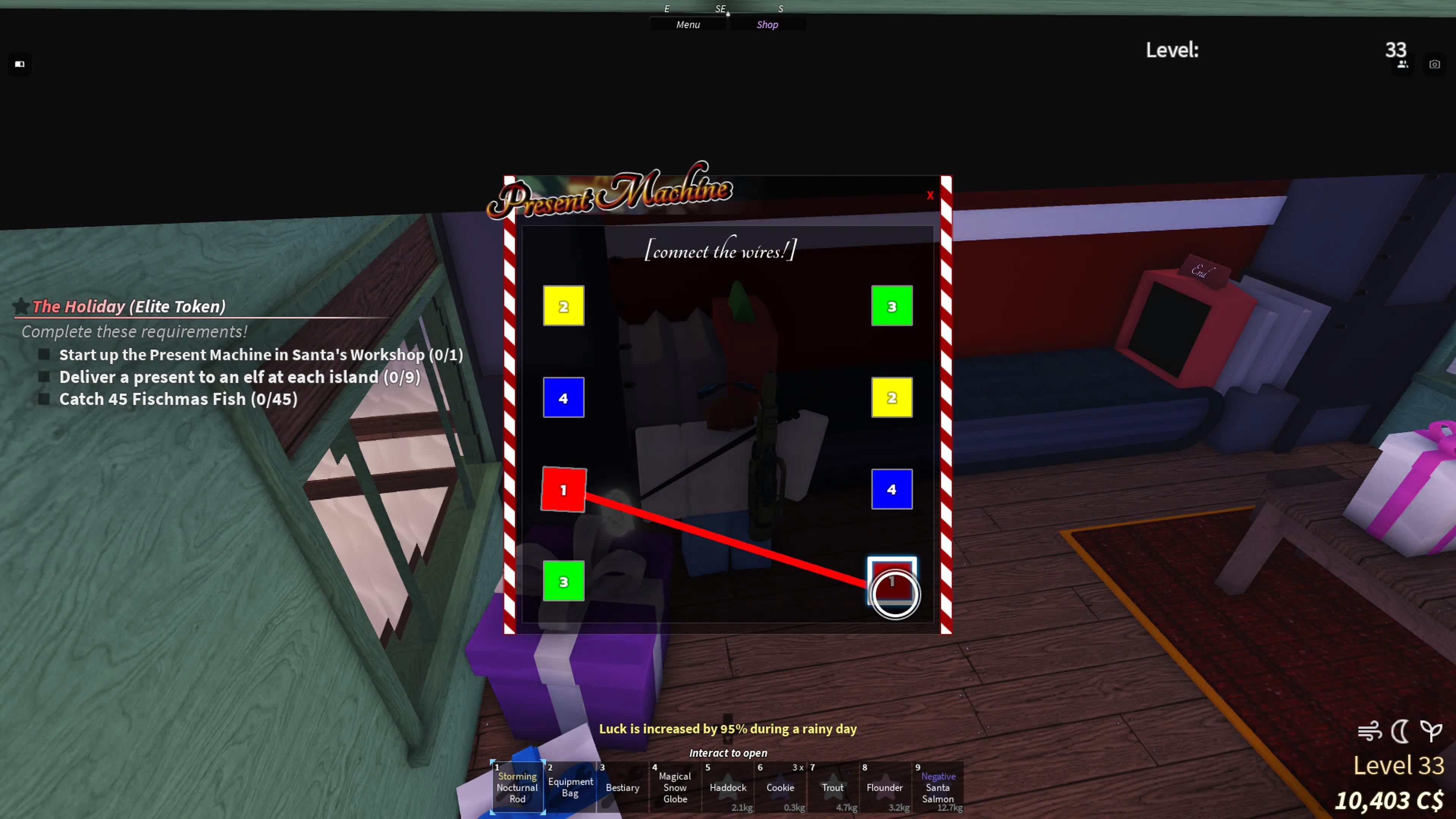 A puzzle in Fisch showing the wiring of the Present Machine in Santa's Workshop.
