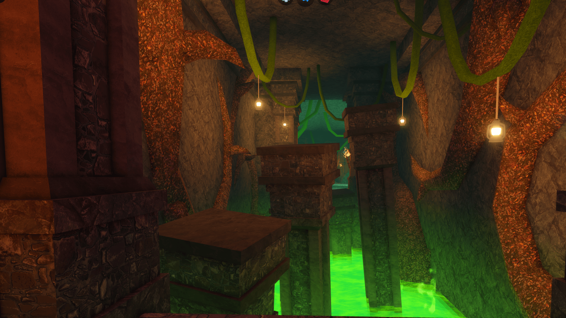 A first-person view of the broken platform obstacle course inside the Underground Cellar in Fish It.