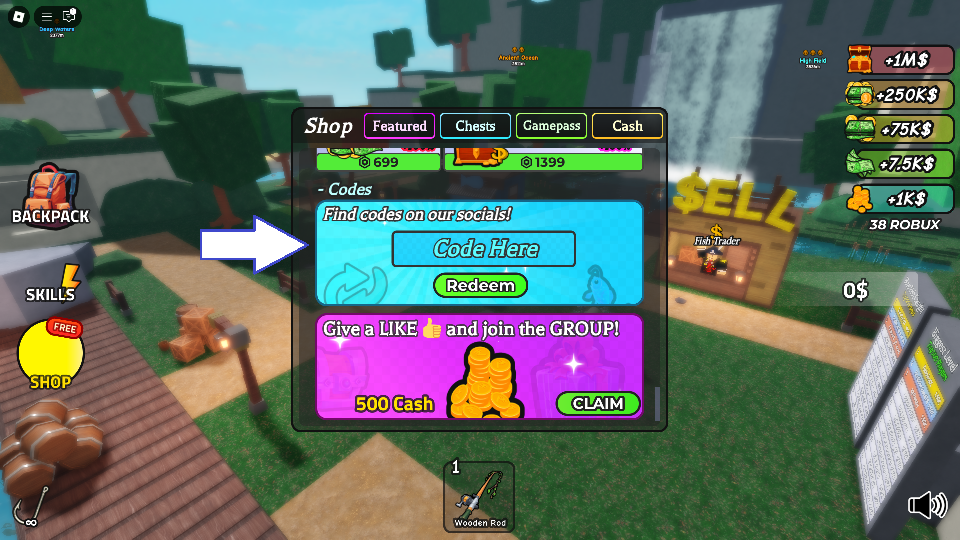 A screenshot of Go Fishing in Roblox showing the game's Codes field.