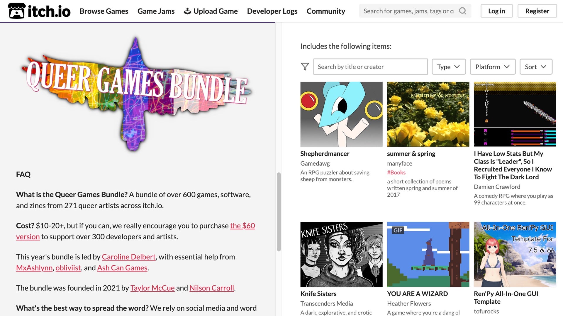 A screenshot showing itch.io's Queer Games Bundle 2025.